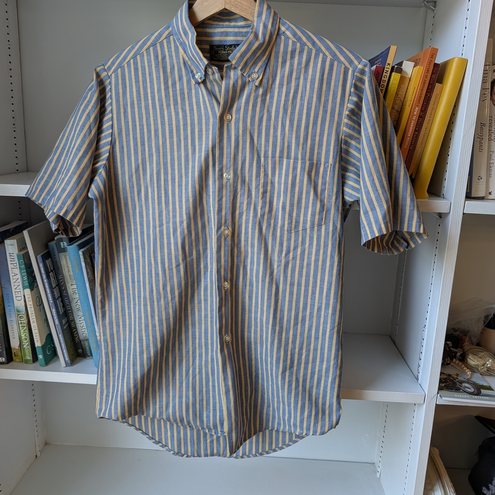 Vintage Sears Men's Shirt Button Up Blue Yellow Striped Size Small Old Money